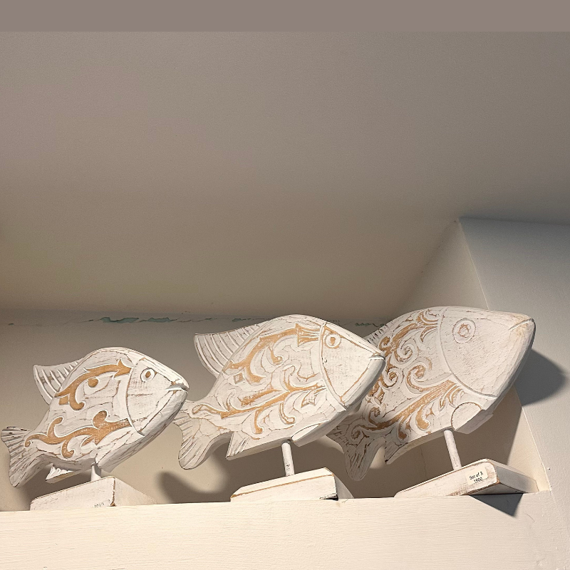 Set Of 3 Wood Fish Carved on stand