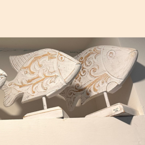 Set Of 3 Wood Fish Carved on stand