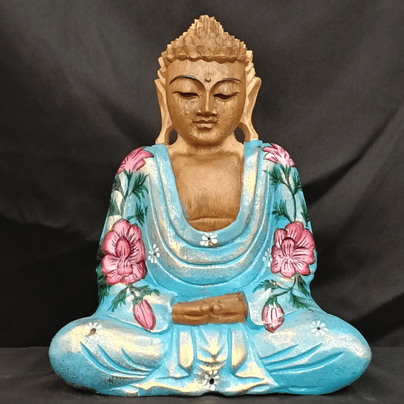 Wood Buddha Carving Seated Colored