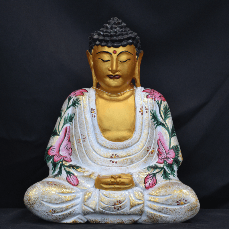 Wood Buddha Carving Colored White Flowers
