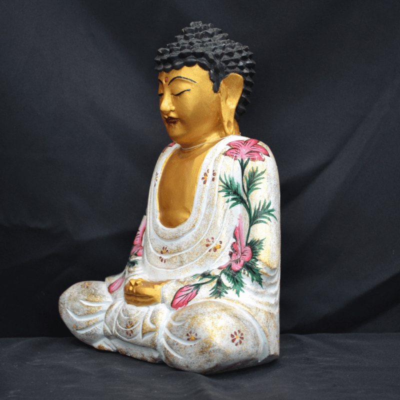 Wood Buddha Carving Colored White Flowers