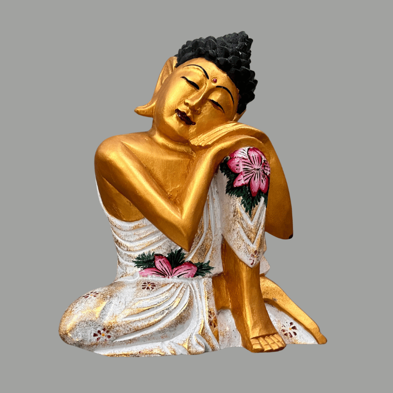 Wood Buddha Carving Colored Gold White